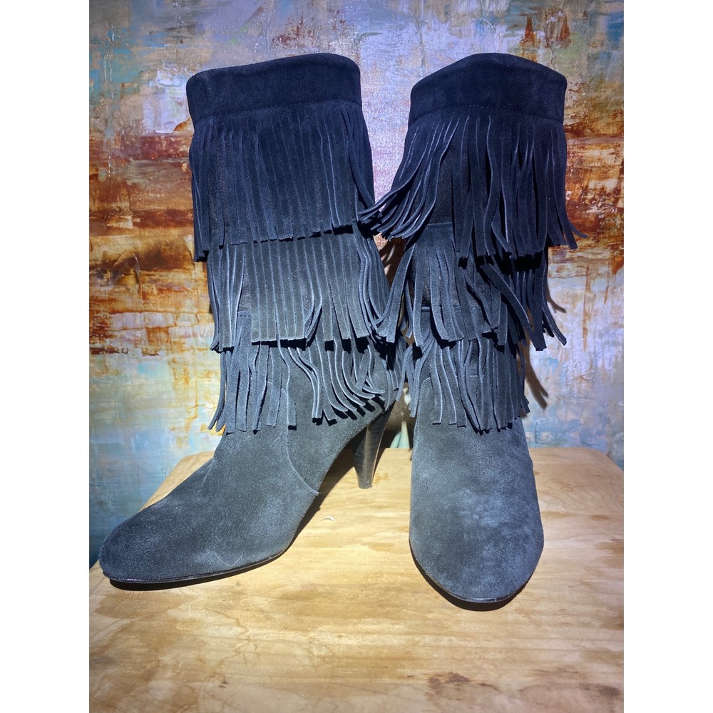 Chinese Laundry Black Suede Tiered Fringe Mid-Calf Boots Pointed Toe Size 7.5M‎